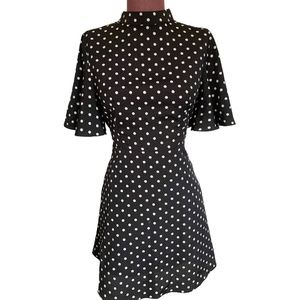 Black White Polka Dot Mini Dress Mock Neck Flutter Sleeve Dress - Size Large